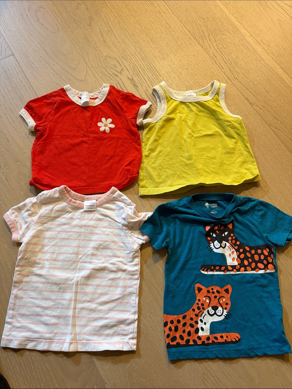 Hanna Andersson Red Daisy Tee, Yellow Tank, Pink Stripe Tee & Teal Leopard Top